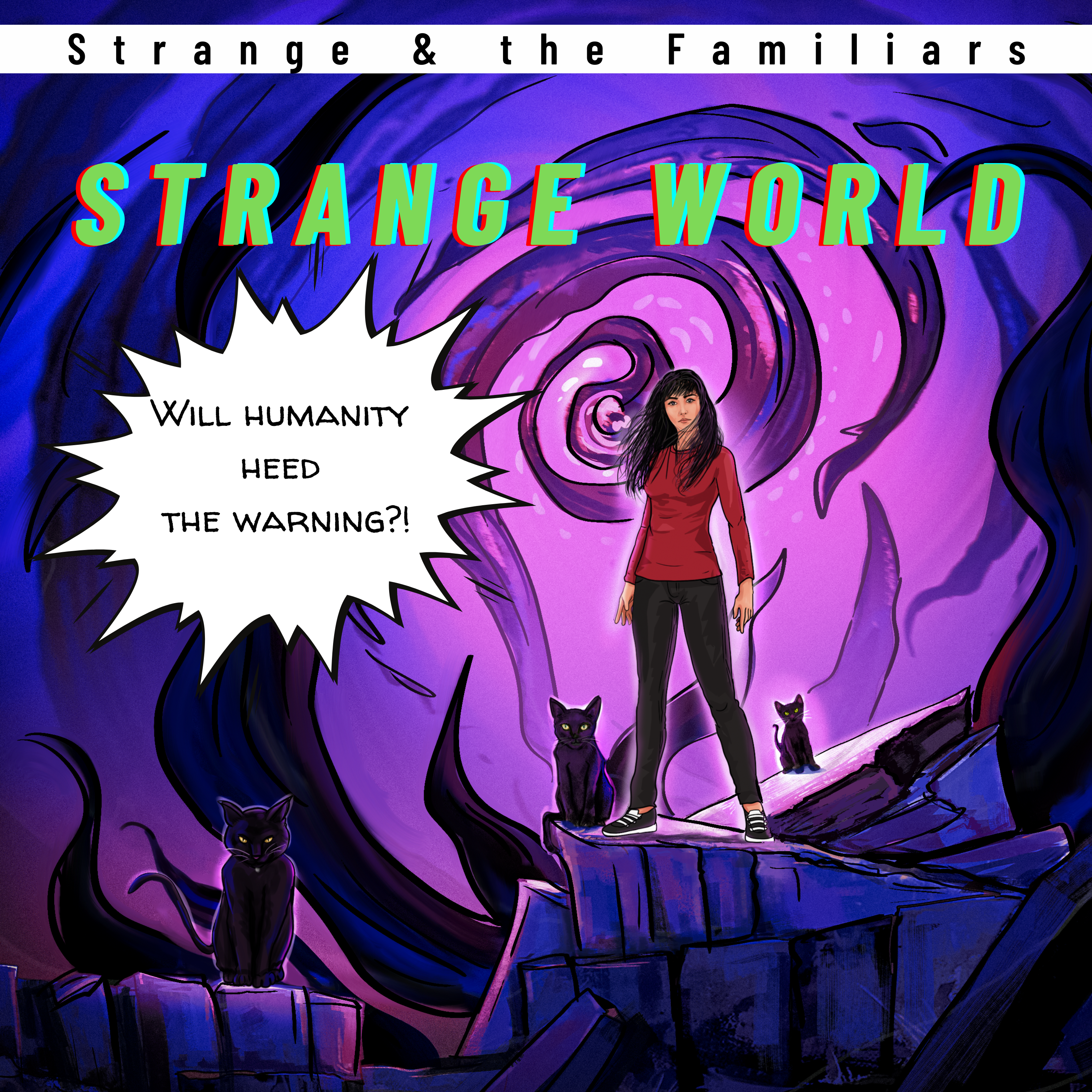Purple, blue, and green swirls around comic book character,
Stephanie Strange, and her three black cat Nightmares